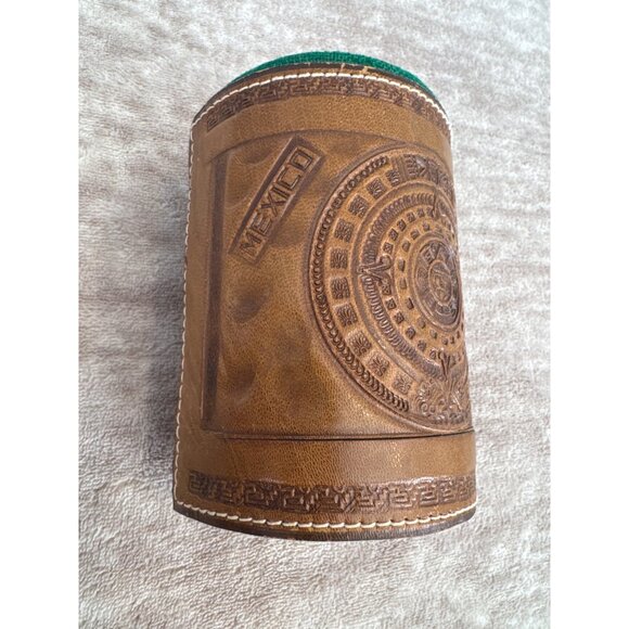 Vintage Handcrafted Leather Aztec Mayan Calendar Dice Cup With Eagle Design - Picture 2 of 9